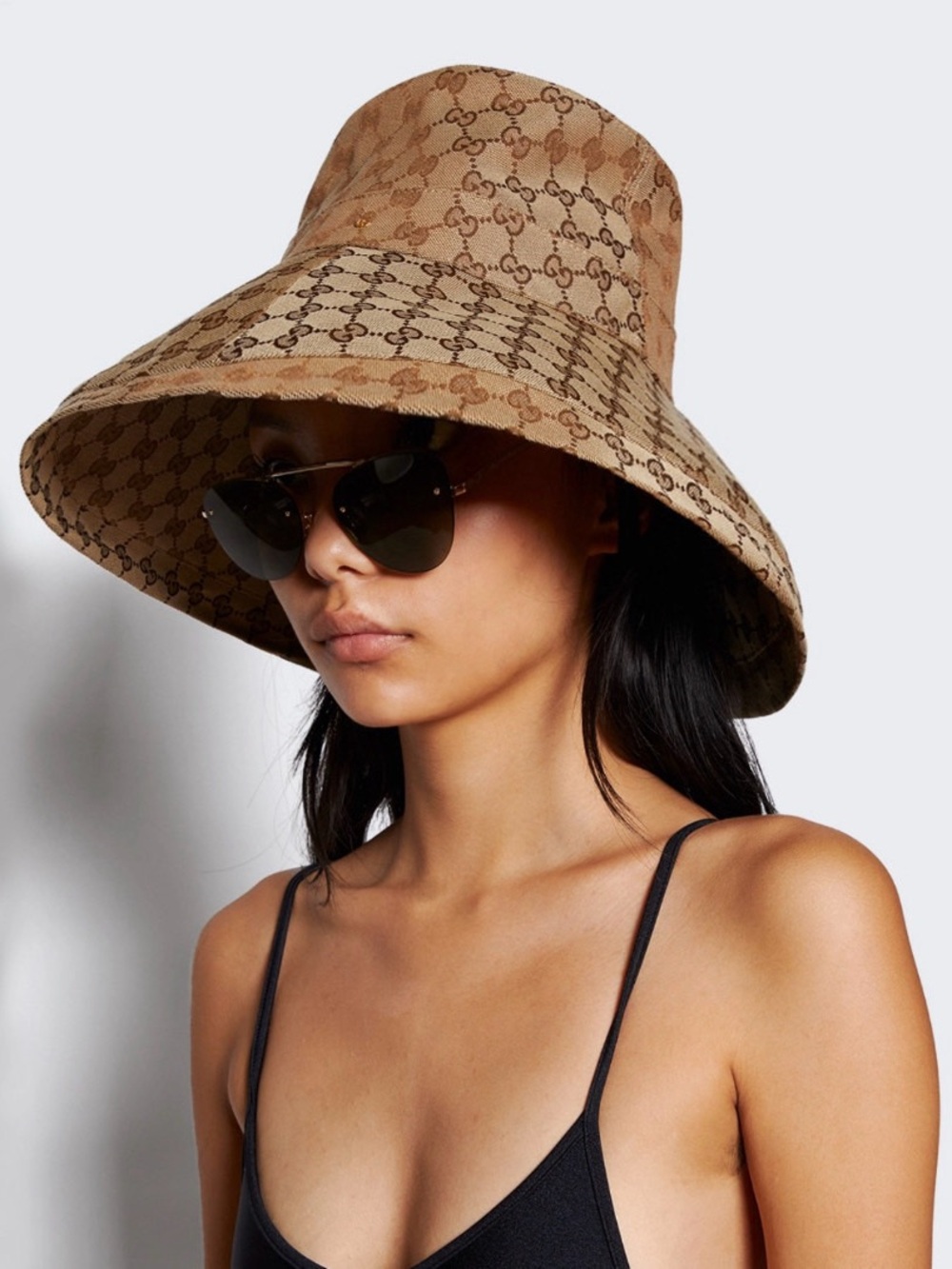 Beige Monogram Large Jacquard Canvas Bucket Hat w Wide Brim Beach Sun Coverage - Picture 3 of 14